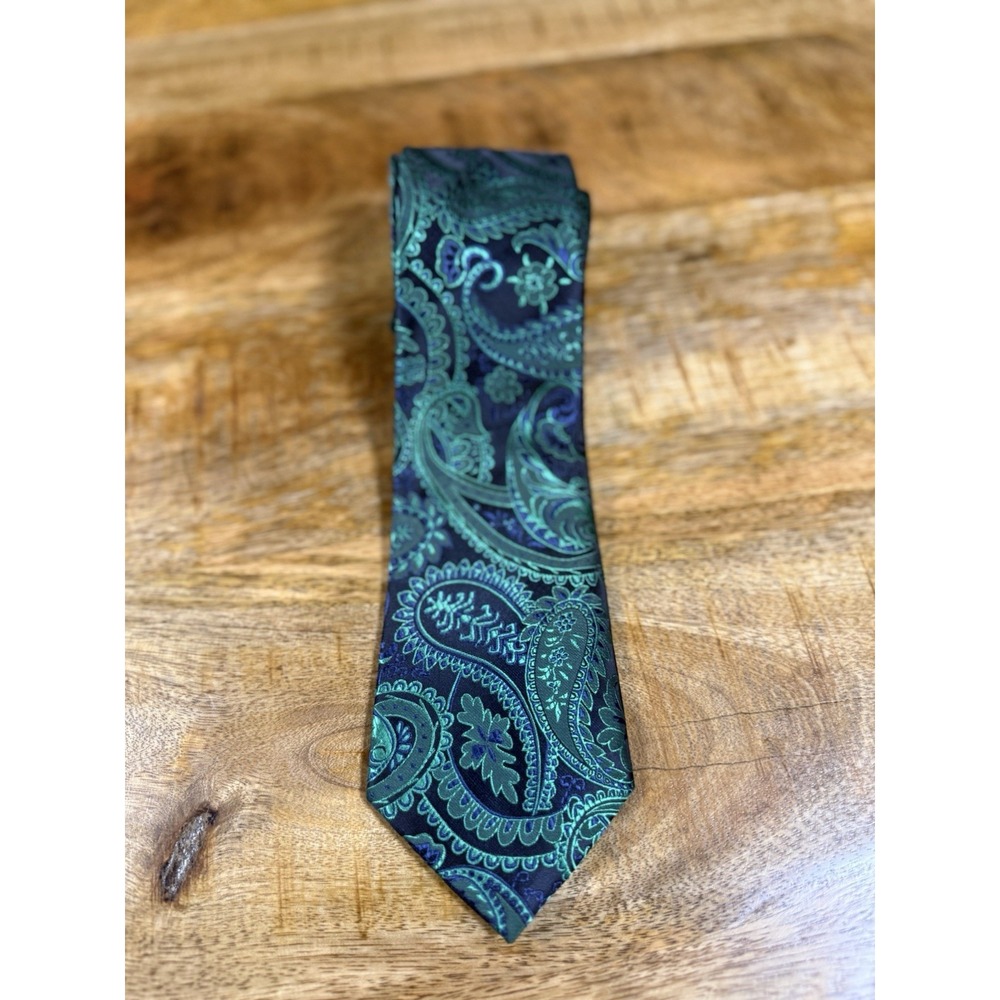 HI-TIE 100% Silk Green Blue Paisley Men's Neck Tie Handmade Classic Width